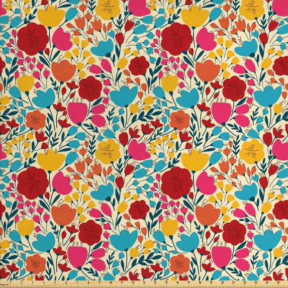 Ambesonne Flower Fabric by the Yard Upholstery, Silhouettes of Flowers, 10 Yards, Multicolor