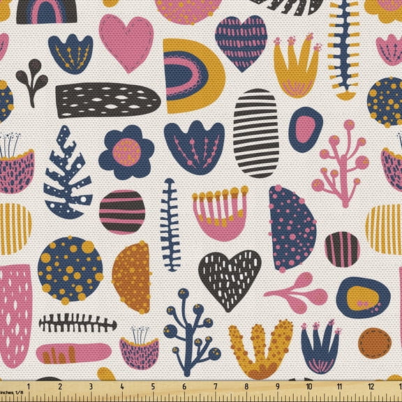 Colorful Fabric by the Yard Upholstery, Funny Object Cartoon Repetitive Design Leaves Hearts Flower Botanical Art, Decorative Fabric for DIY and Home Accents, Eggshell and Pink by Ambesonne