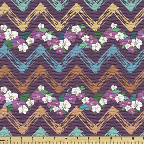 Colorful Fabric by the Yard Upholstery, Natural Theme Orchids with Wavy Lines Abstract Zig Zag Shapes, Decorative Fabric for DIY and Home Accents, Fuchsia Sea Blue and Pale Rust by Ambesonne