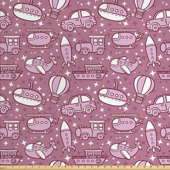 Ambesonne Cartoon Fabric by the Yard Upholstery, Boat Plane Train Car Print, 2 Yards, Dried Rose and Pale Pink