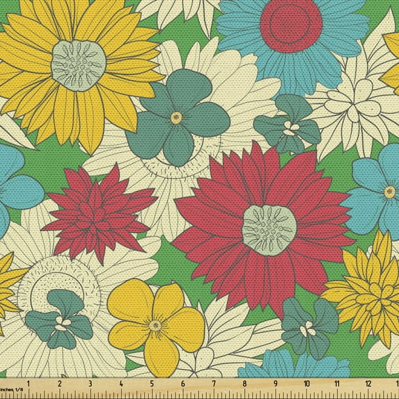 Ambesonne Colorful Fabric by the Yard Upholstery, Vintage Flowers Art, 2 Yards, Multicolor