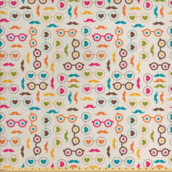Ambesonne Colorful Fabric by the Yard Upholstery, Glasses Hearts Mustache, 2 Yards, Multicolor