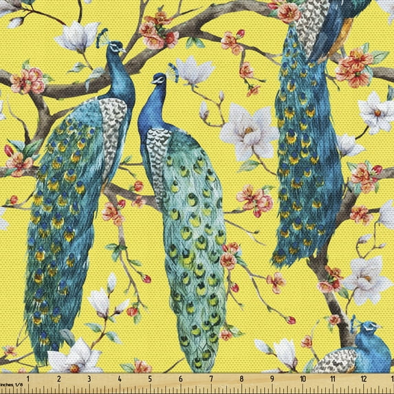 Ambesonne Colorful Fabric by the Yard Upholstery, Watercolor Peacocks Image, 5 Yards, Pastel Yellow and Multicolor