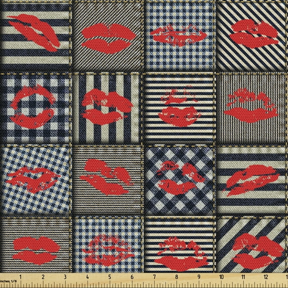 Ambesonne Colorful Fabric by the Yard Upholstery, Woman Kisses Lipstick Art, 1 Yard, Black and Red