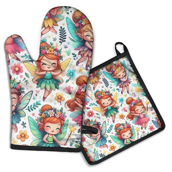 Colorful Fairy Princess Pattern Kitchen Oven Mitt and Pot Holder Sets 4 Pcs for Baking, Cooking and Grilling, Heat Resistant Up To 392 °F