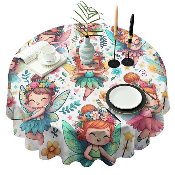 Colorful Fairy Princess Pattern Round Tablecloth 60"x60",Wrinkle Wipeable Table Cloth for Kitchen Dining Room Picnic Patio Party