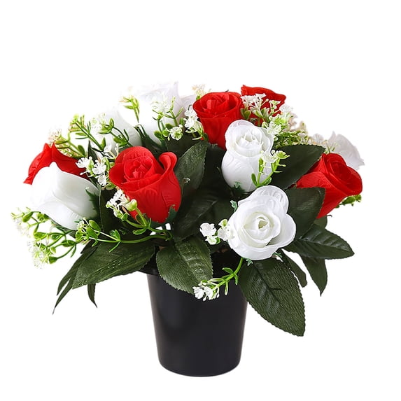 Colorful Fake Rose Arrangement in Pot, TINGXIN 12 Heads, Artificial Roses, Cemetery Pot for Cemetery Flower Arrangement, Memorial Decor, Outdoor Memorial Plant, Gravesite Tribute, 1PCS