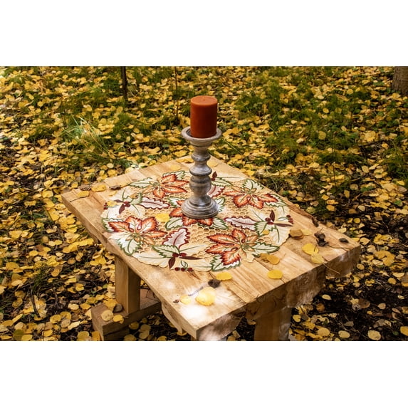 Linens Art And Things Thanksgiving, Autumn, 23-Inch Round Fall Maple Leaf Polyester Doily
