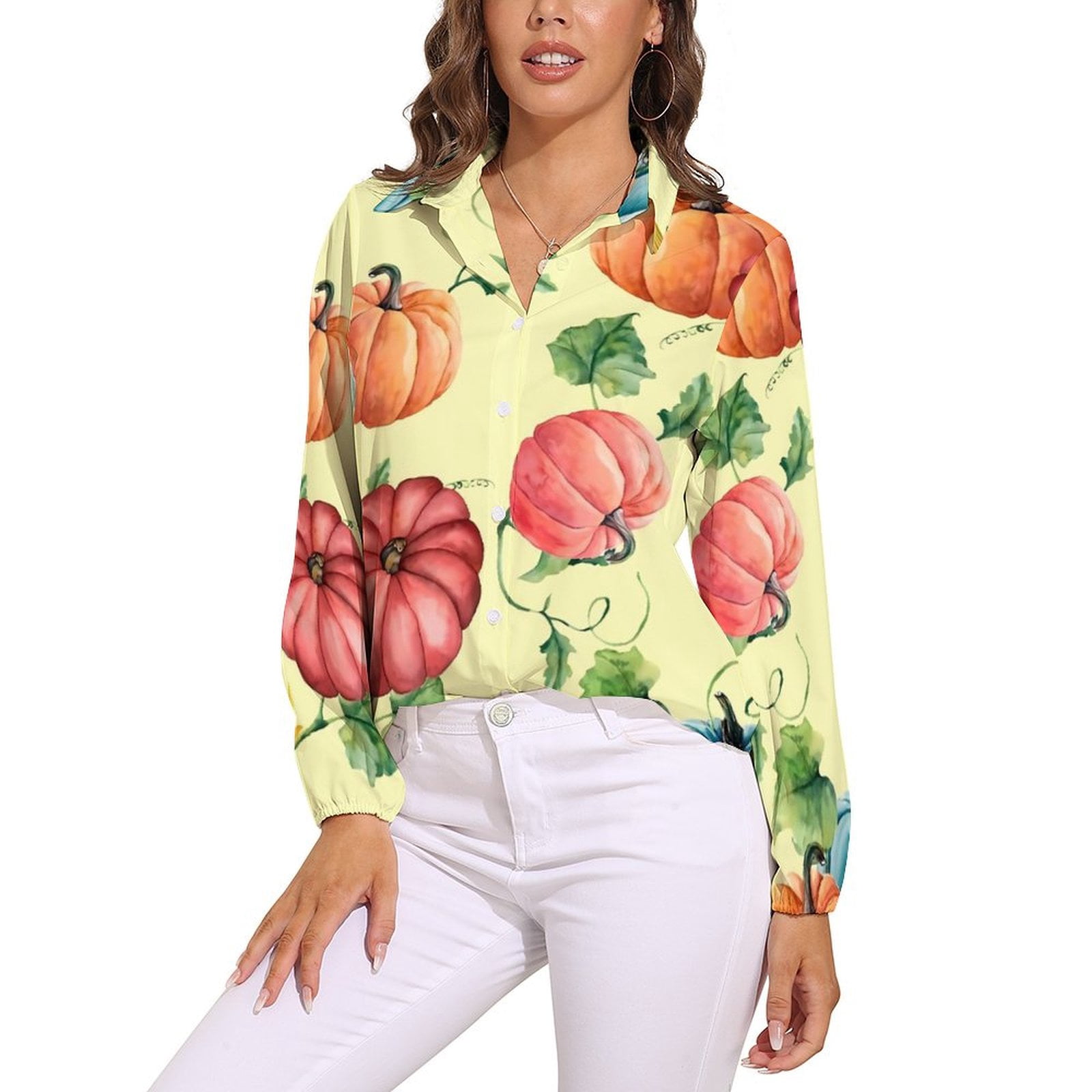Colorful Fall Pumpkins Blouse Orange And Blue Vintage Graphic Blouses ...