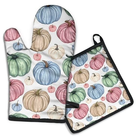 Colorful Fall Pumpkins Pattern Kitchen Oven Mitt and Pot Holder Sets 2 Pcs for Baking, Cooking and Grilling, Heat Resistant Up To 392 °F