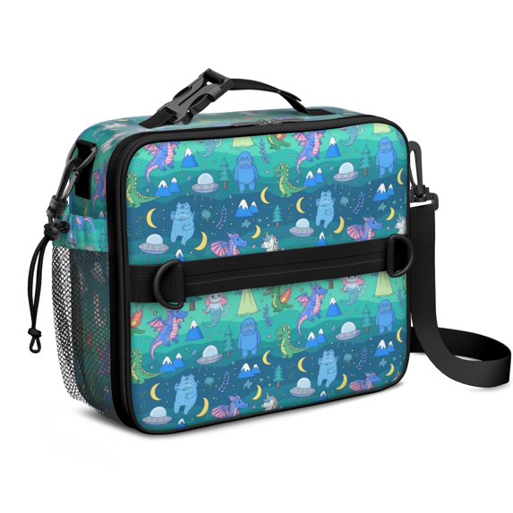 Colorful Fantasy Creatures UFO Pattern Bento School Insulated Lunch Bag Box with Shoulder Strap and Bottle Holder, 11" X 9.5" X 3.5"