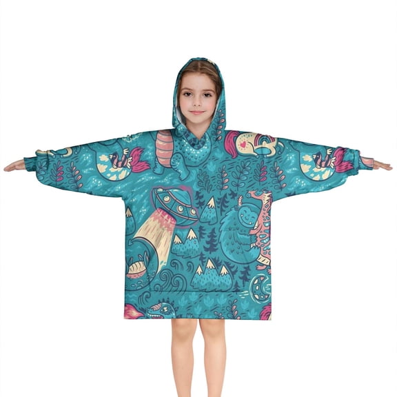 Colorful Fantasy Creatures UFO Pattern Blanket Hoodies for Kids 6-13YR Oversize Wearable Blanket Hoodies for Boys Girls Teens