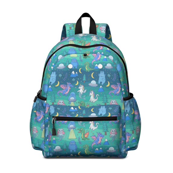 Colorful Fantasy Creatures UFO Pattern Cute School Backpack with Padded Back and Adjustable Shoulder Straps 13.4"x11"x4.7"
