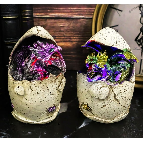 Colorful Fantasy Egg Hatchling Baby Dragon Wyrmling LED Light Figurines Set of 2