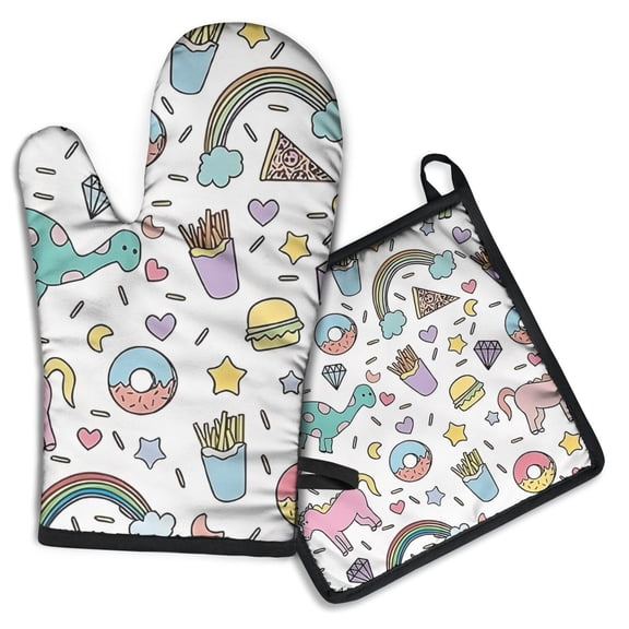 Colorful Fantasy Food Elements Pattern Kitchen Oven Mitt and Pot Holder Sets 2 Pcs for Baking, Cooking and Grilling, Heat Resistant Up To 392 °F