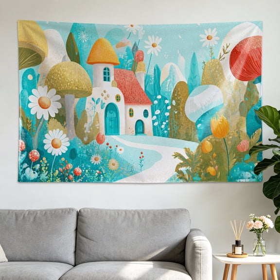 Colorful Fantasy Mushroom House Forest Floral Wall tapestry,Large size Printed Horizontal Tapestry blanket,Polyester Fabric Wall Hanging for bedroom,living room,No Installation Required,Indoor,Outdoo