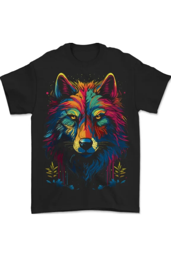 Colorful Fantasy Wolf Face Psychedelic Splatter Paint Wilderness Unisex T-Shirt, S-5XL