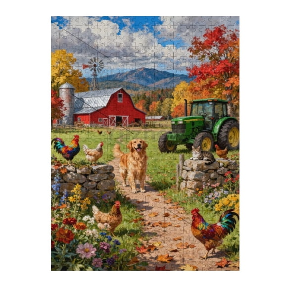 Colorful Farm Animals Tractor Red Barn Wooden Jigsaw Puzzle 500 Piece Puzzle for Adults Challenging Relaxing Leisure Decorative Brain Activity Home Decor