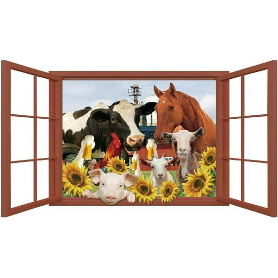 Colorful Farm Animals Wall Decals 3D Window View Wall Sticker Window View Baby Horse Cow Pig Nature Photography Wall Art Vinyl Stickers for Nursery Living Room Kitchen Office