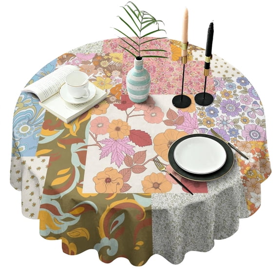 Colorful Farmhouse Flower Round Table Cloth,Wrinkle Resistant Table Cover with Polyester,Waterproof Reusable Round Table Clothes for Easter Birthday Picnic Wedding (Round,60x60inch)