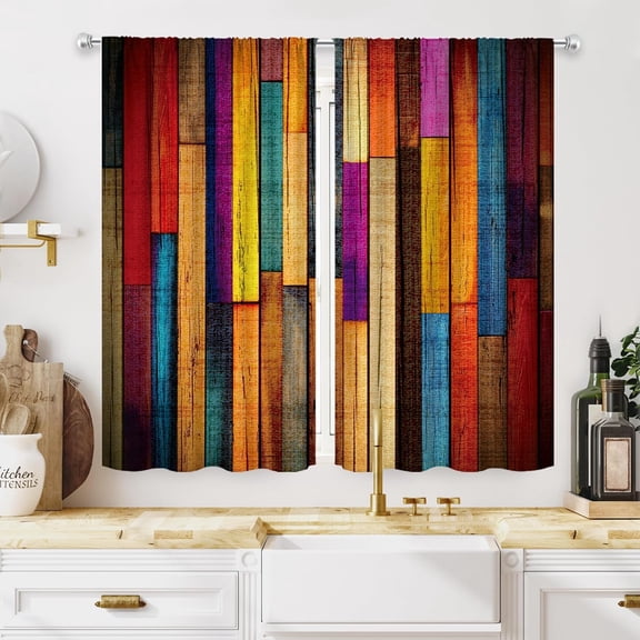 Colorful Farmhouse Rustic Kitchen Curtains 27.5Wx39H Inch Rod Pocket Wooden Barn Door Vintage Western Cabin Country Garage Wood Plank Small Bedroom Living Room Window Drapes Fabric 2 Panels