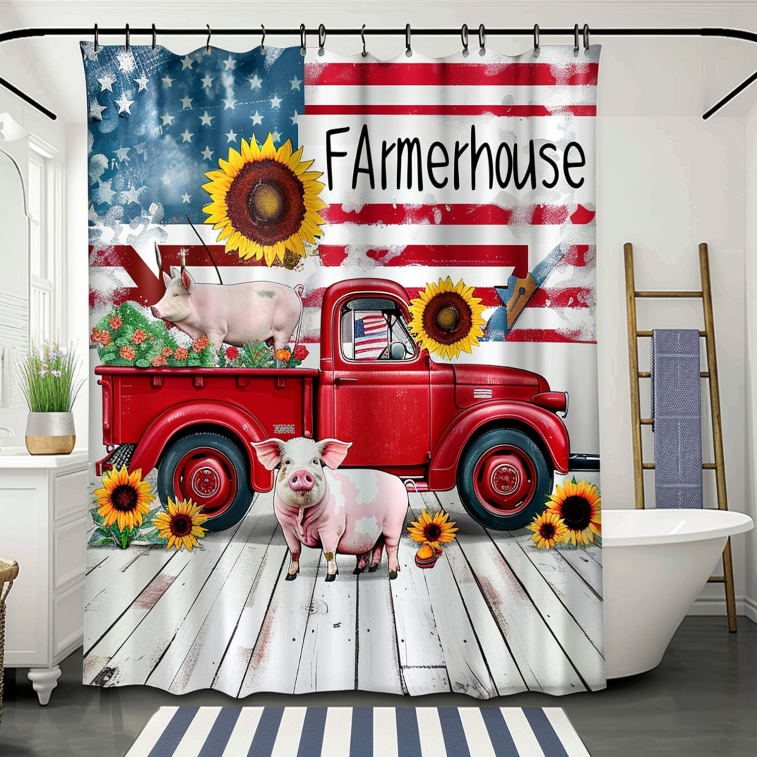 Colorful Farmhouse Theme Shower Curtain with Red Truck American Flag