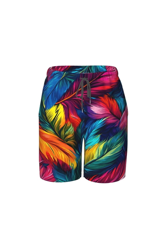 Colorful Feather Beach Pants Lightweight Teen Shorts with Mesh Lining and Drawstring
