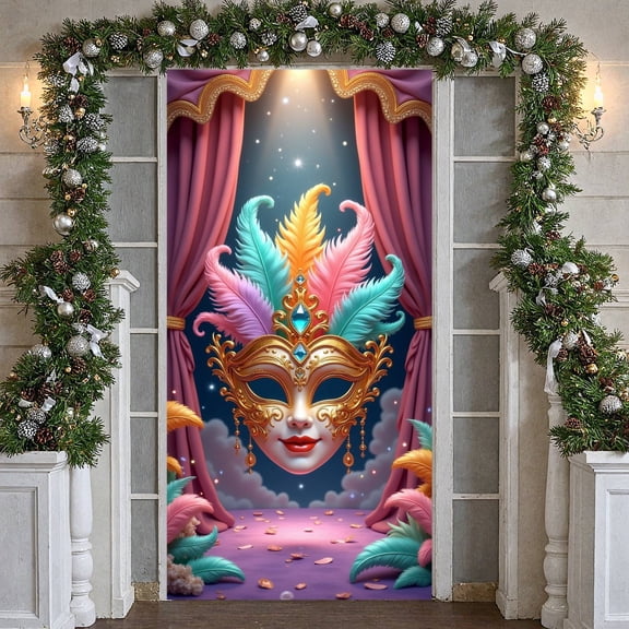 Colorful Feather Carnival Mask Banner Gold Ornate Masquerade Display Jeweled Accent Gorgeous Design Venetian Backdrop for Carnival Party Masquerade Ball Venetian Festival