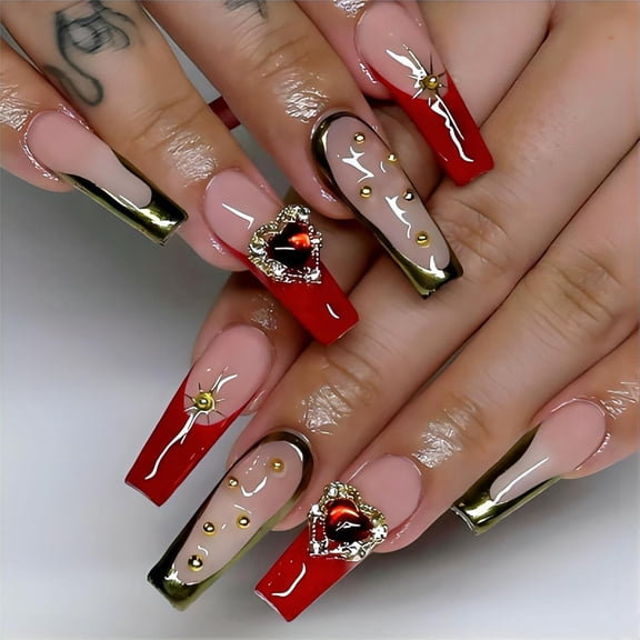 Colorful Feather & Diamond Design Long Coffin Press-On Nails - 24 Pcs Full Cover Acrylics with Gold Glitter