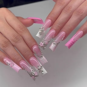 Colorful Feather & Diamond Design Long Coffin Press-On Nails - 24 Pcs Full Cover Acrylics with Gold Glitter