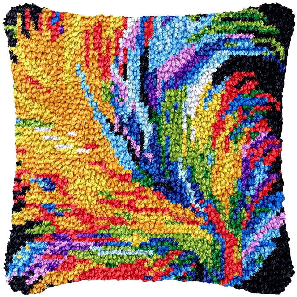 Colorful Feather Latch Hook Pillow Kits for Beginner Needle Crochet Yarn Kits with Stamped Canvas Embroidery Cushion Hook and Latch Throw Pillow Home Sofa Decoration 43x43cm