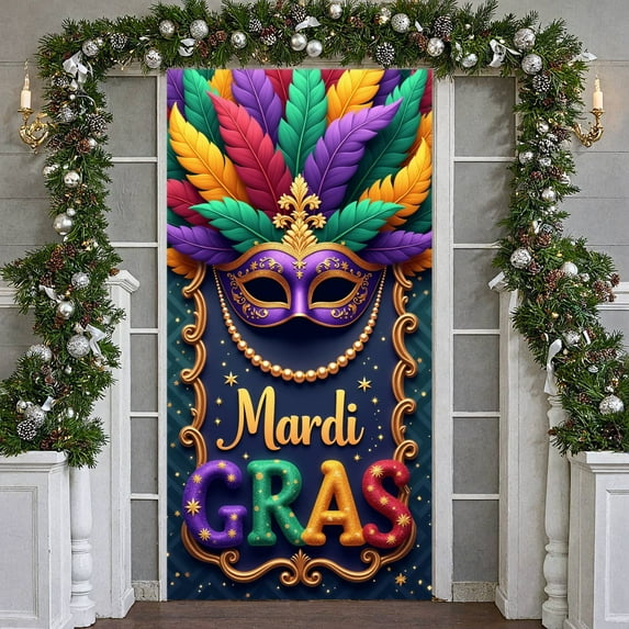 Colorful Feather Mardi Gras Banner Gold Fleur-de-lis Carnival Display Purple Mask Green Feather Masquerade Backdrop for Carnival Party Mardi Gras Celebration Festival Decoration