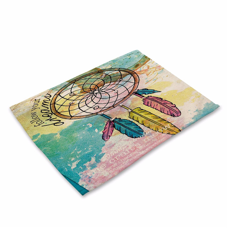 Colorful Feather Pattern Placemat Coaster Cotton Linen Kitchen Dining