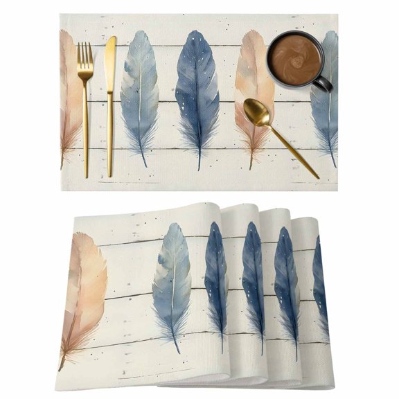 Colorful Feather Placemats Set of 4 Watercolor Retro Rustic Wooden Grain Place Mats Indoor Wipeable Table Mats Washable Cloth Dining Table Placemats for Kitchen Holiday Party Home Decor 13x19 Inch