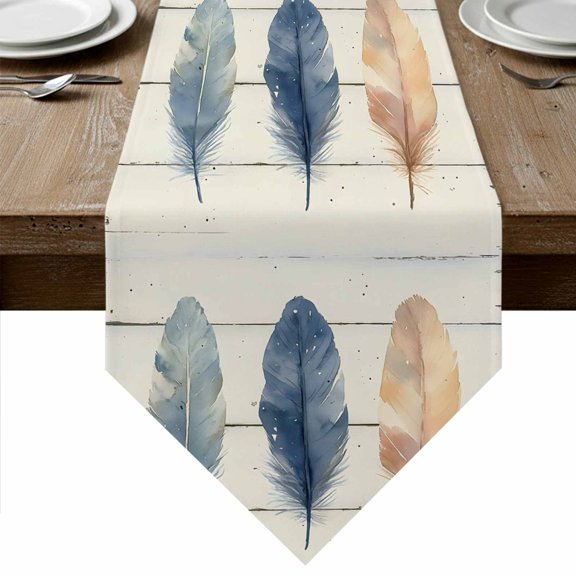 Colorful Feather Table Runner Linen Burlap Table Runner 48 Inches Long Watercolor Retro Rustic Wooden Grain Dresser Scarves for Kitchen Island Coffee Dining Party Wedding Holiday Decor 13"x48"