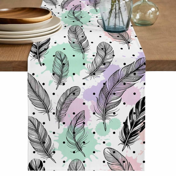 Colorful Feather Table Runner, Modern Purple Teal Pink Dot Watercolor Washable Cotton Linen Table Runners 36 Inches Long, Dresser Scarf Runner for Nightstand/End Tables/Round Tables 13''x36''