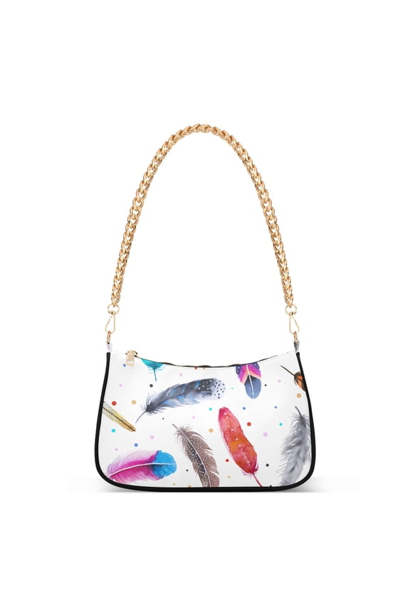 Colorful Feather and Dots Womens Chain Shoulder Bag Tote Handbag Clutch Hobo Purse with Zipper for Travel Casual