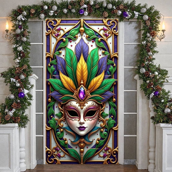Colorful Feathers Carnival Mask Banner Gold Frame Venetian Display Purple Gemstone Ornate Decoration Feather Backdrop for Carnival Party Masquerade Ball Festival Celebration
