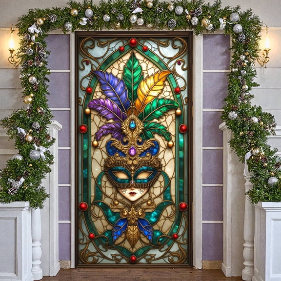 Colorful Feathers Carnival Mask Banner Gold Frame Venetian Display Purple Gemstone Ornate Decoration Feather Backdrop for Carnival Party Masquerade Ball Festival Celebration