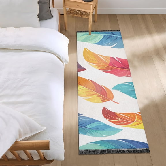 Colorful Feathers Hand Painted Bedside Runner Rug 2'x 6' Non Slip Carpet Floor Mat Area Rug