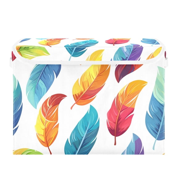 Colorful Feathers Hand Painted Foldable Storage Bin with Lid and Handle Collapsible Storage Box 16.5 x 12.6 x 11.8 inches