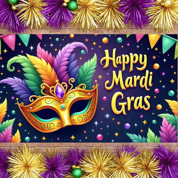 Colorful Feathers Mardi Gras Banner Gold Masquerade Carnival Backdrop Sparkling Stars Vibrant Confetti Celebration Backdrop for Mardi Gras Party Carnival Celebration Masquerade Ball