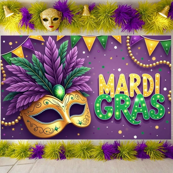 Colorful Feathers Mardi Gras Banner Golden Mask Carnival Backdrop Bead Necklace Star Pattern Festive Background for Mardi Gras Festival Carnival Party Holiday Gathering