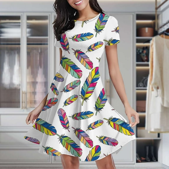 Colorful Feathers Pattern Design Women's Classic Swing Skater Dress Casual Work Party Cocktail Dresses