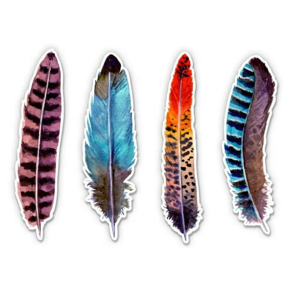Colorful Feathers Set of 4 - 4" Each Vinyl Stickers - For Car Laptop I-Pad - Waterproof Decals