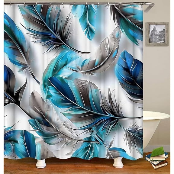 Colorful Feathers Shower Curtain, Bird Feathers And Animal Skin Element Print Teal Brown Polyester Cloth Print Bathroom Curtains Include Hooks 36"W x 72"L