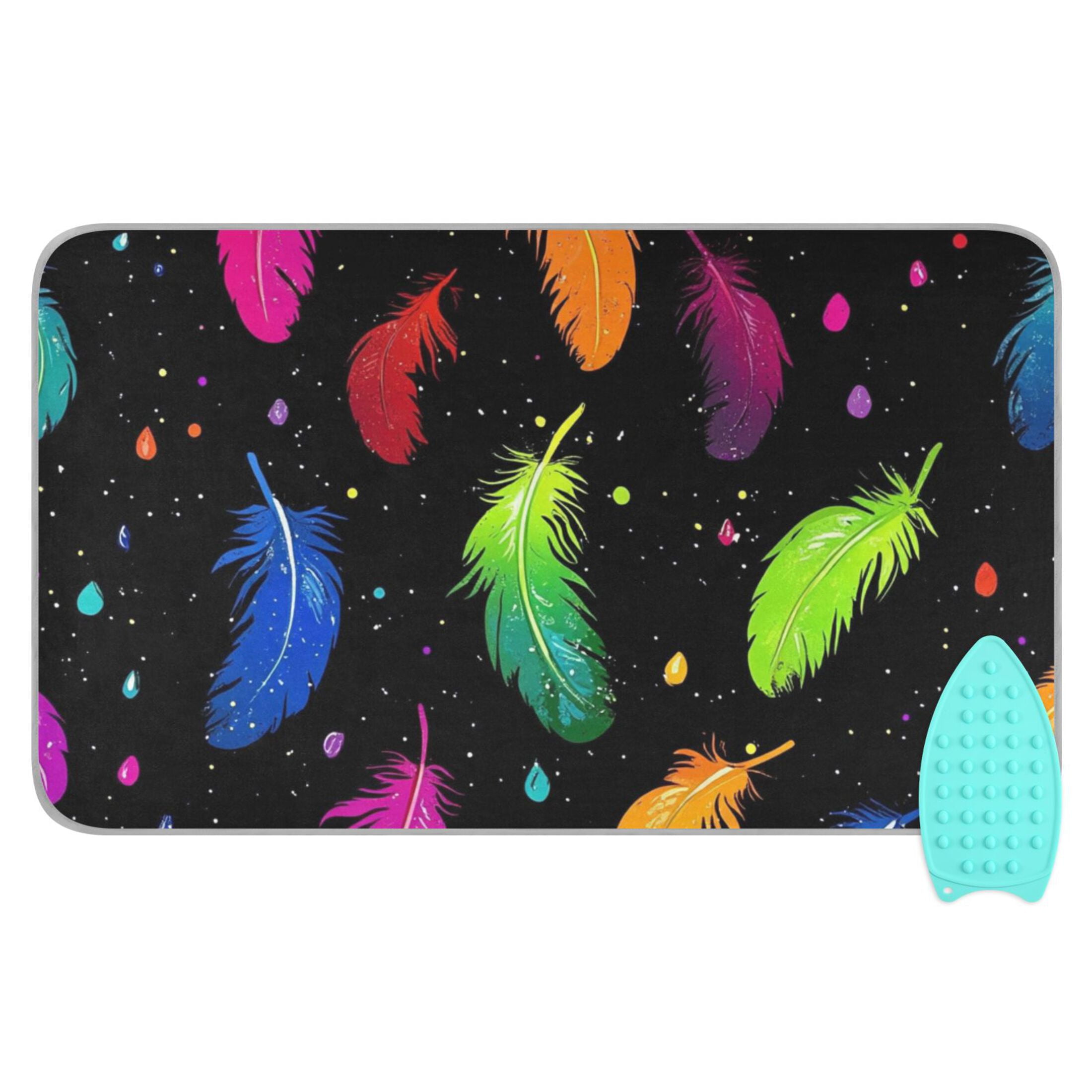 Colorful Feathers on Black Ironing Mat Blanket for Table Top Travel Portable Ironing Board Pad 47.2x27.6 Inch