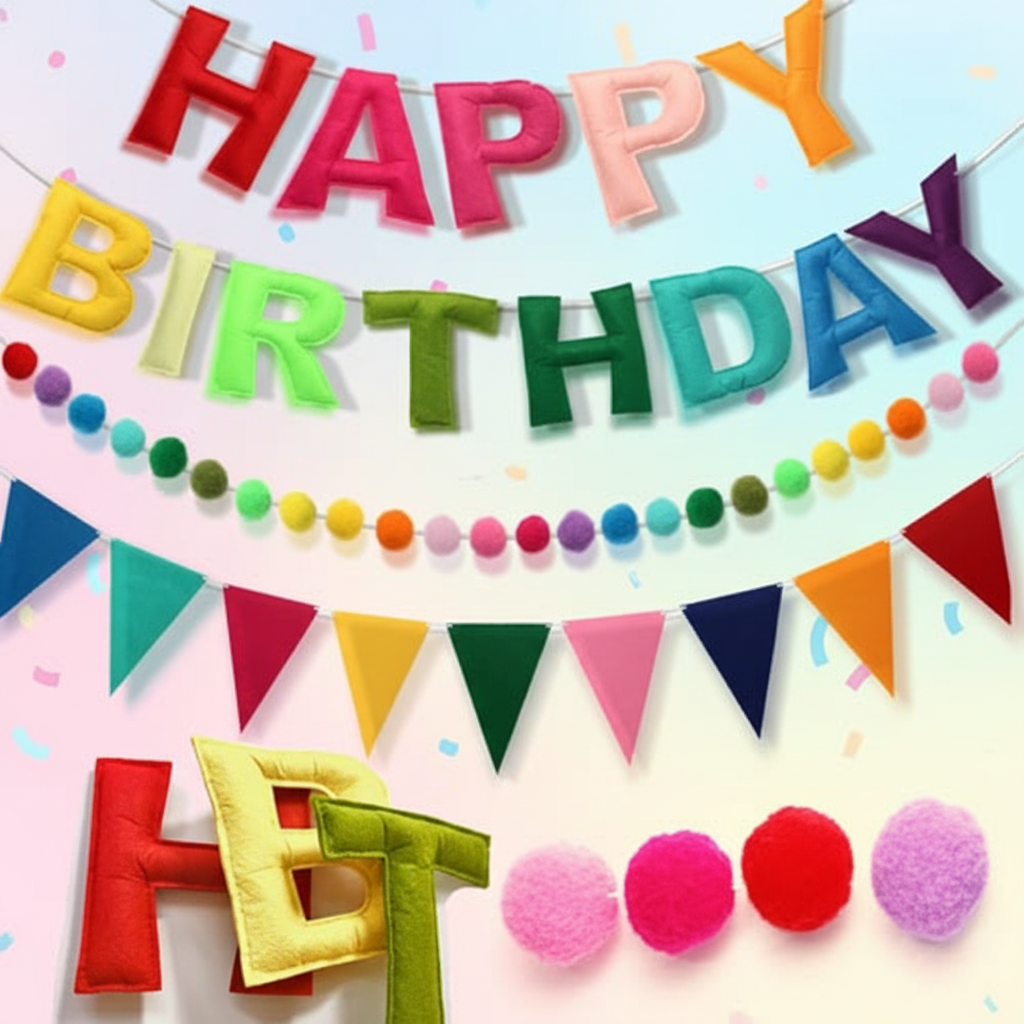 Colorful Felt Ball Birthday Banner Garland, Rainbow Triangle Pennant Flags for Party Decorations, Bulk Multicolor Bunting String for Celebrations