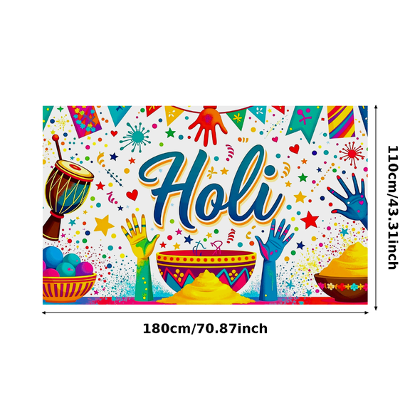 Colorful Festive Holi Backdrop Banner with Hand Prints Drums and Powder Decors Party Supplies for Holi Celebrations Photography Props Festival Decorations