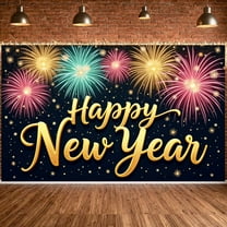 Colorful Firework Happy New Year Banner Golden Text Festive Backdrop Sparkling Design Vibrant Colors Holiday Background for New Year Party Holiday Celebration Indoor Decoration